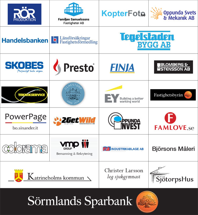 Rotary sponsorer: Rör Produktion, Familjen Samuelssons Fastigheter AB, KopterFoto.se, Oppunda Svets & Mekanik AB, Handelsbanken i Katrineholm, Länsföräkringar Fastighetsförmedling, Tegelstaden Bygg AB, Skobes, Presto, Finja, Blomberg & STensson AB, Teknikservice, Claestorp, EY, Fastighetsbyrån, PowerPage Bo Sinander, 2GetWild, Oppunda Invest, FamLove.se, Colorama, VMP Group, PJ Industrikablage AB, Björsons Måleri, Katrineholms kommun, Christer Larsson leg sjukgymnast, SjötorpsHus, Sörmlands Sparbank